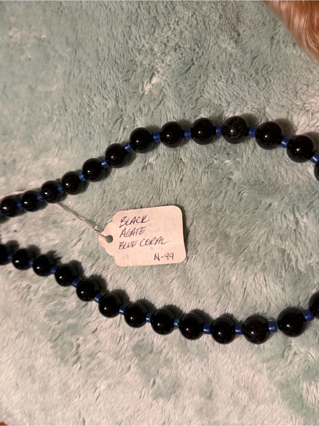 Black Agate Beaded Necklace With Blue Spacer Beads
